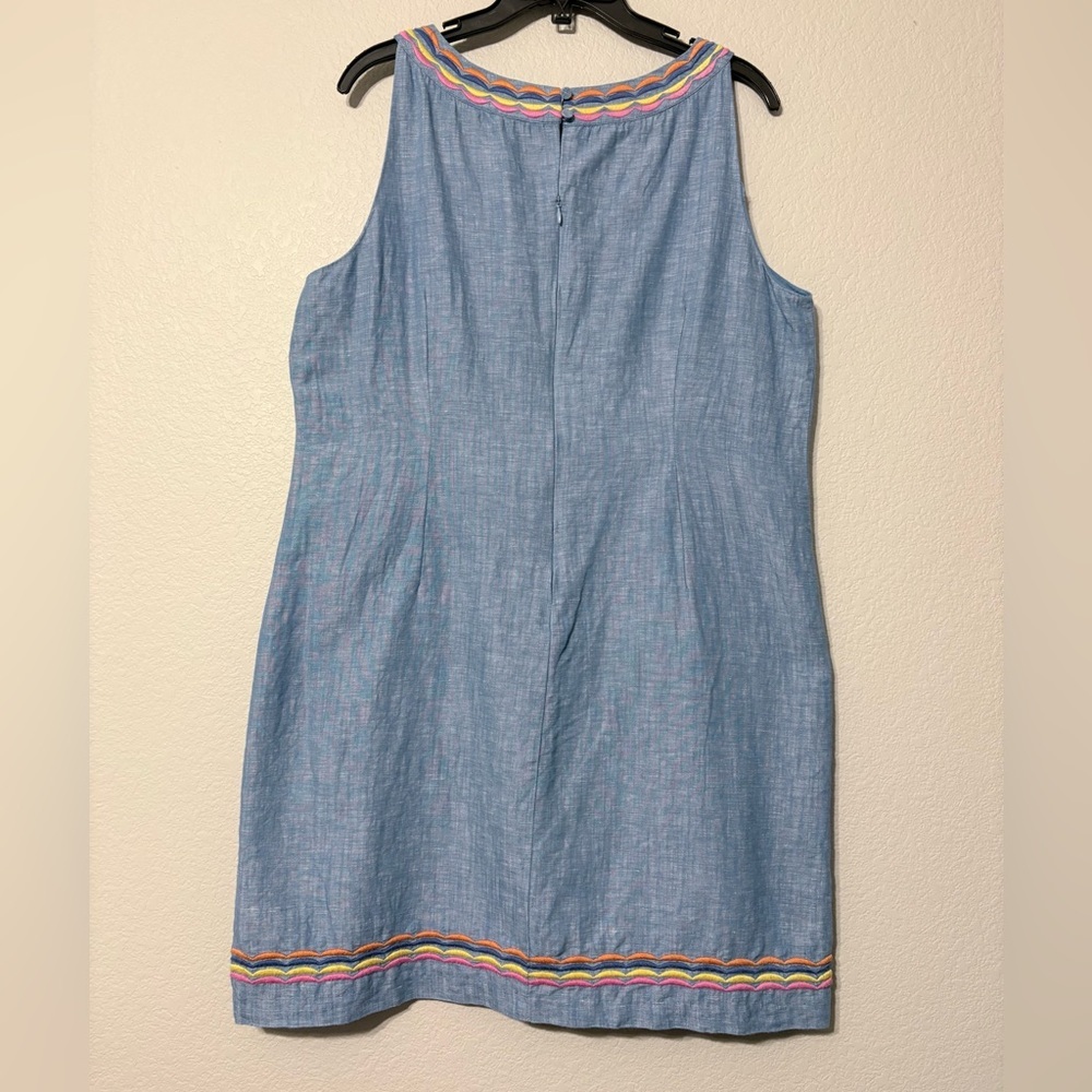 Talbots Chambray Colorful Scalloped Embroidery Shift Dress Sleeveless Back Zip - Picture 8 of 16